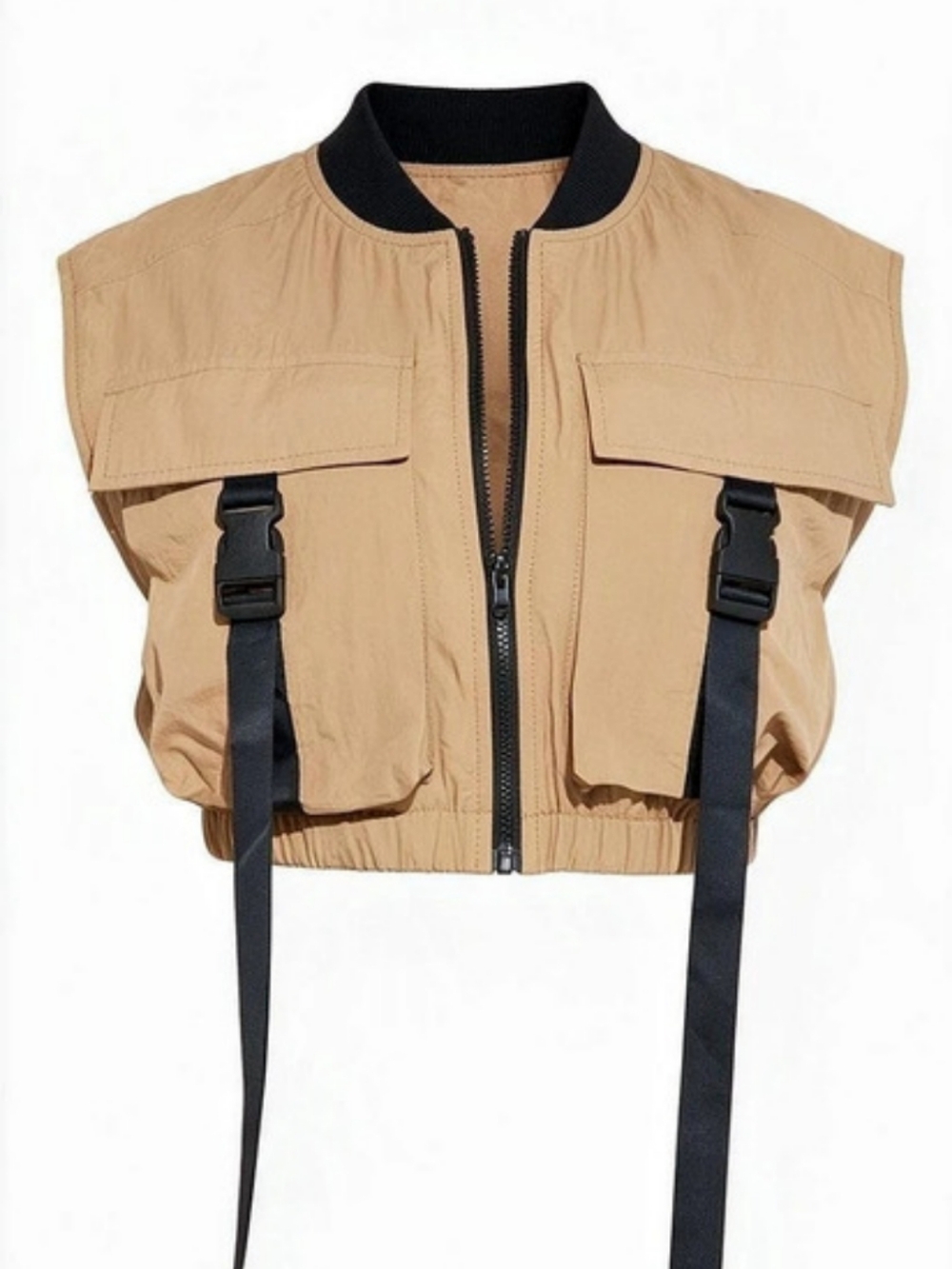 Rainbow Buckle Detail Zip Front Cropped Cargo Vest in Brown